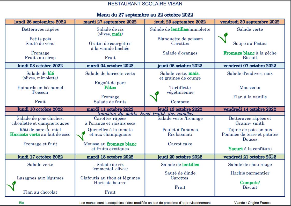 Menus Restaurant Scolaire