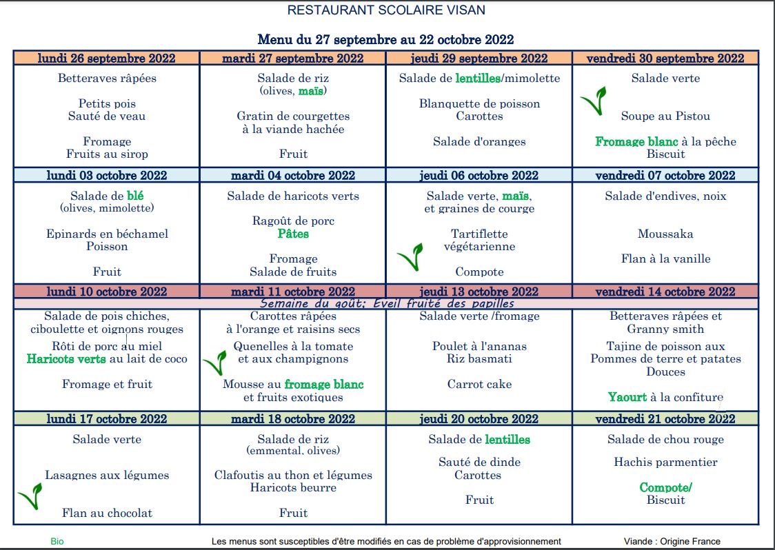 Menus Restaurant Scolaire